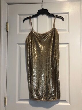 free people sequin t shirt dress NWT FREE PEOPLE Seeing Double Reverse Sequin Slip Mini Dress S Gold White